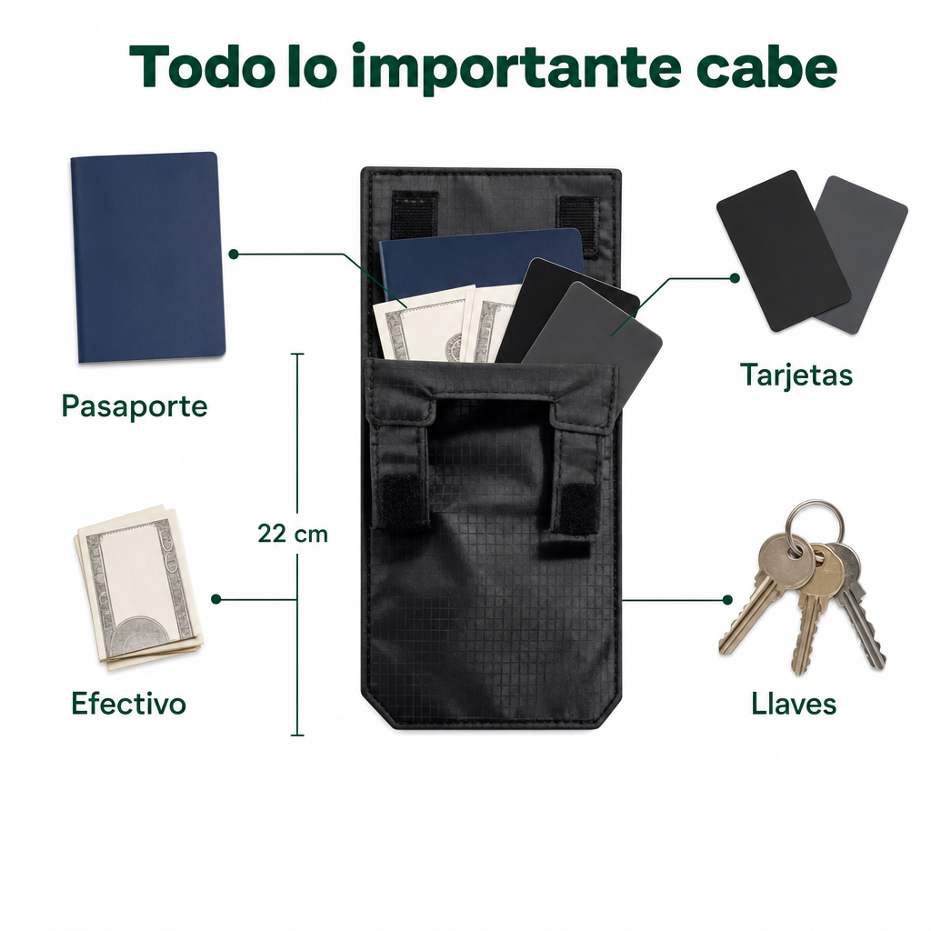 Cabe pasaporte, efectivo, tarjetas y llaves